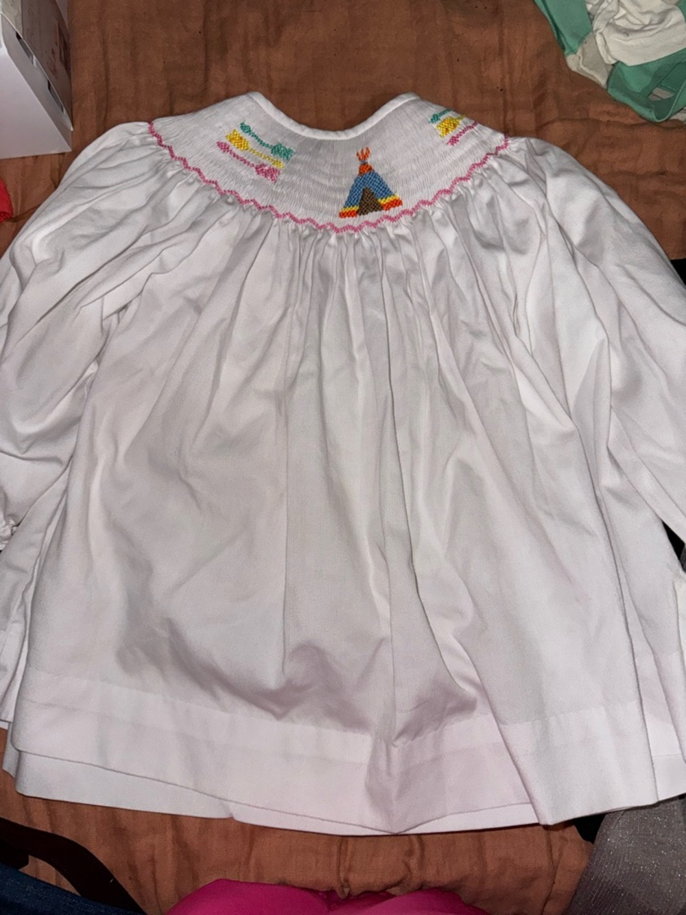 White Smocked Tee with Colorful Embroidery - Kids